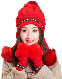 Highever Women's Winter Woolen Beanie (Fur Inside) and Gloves set for women Girl's winter Beanie