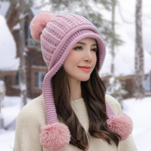 REFFER Cute stylish woolen warm soft fur Inside three pom-pom winter cap for women Woven Beanie Cap