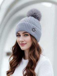 Winity Cute woolen warm ( soft warm fur inside pom-pom on top ) winter caps for women Woven Beanie