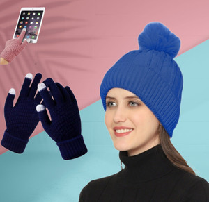 REFFER Latest Winter Woolen Beanie and Touchscreen Gloves set for women and girls Beanie