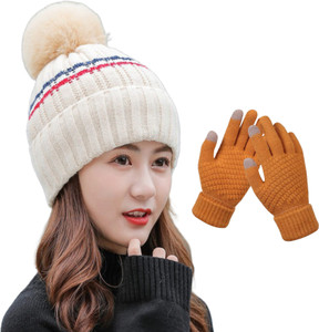 REFFER Cute woolen beanie with gloves set warm cotton inside winter caps for women Woven Beanie
