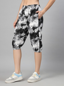 UZARUS Women's Animal Print Tie-Dye Strechable Capri 3/4th Shorts महिलाओं के लिए काला केप्री