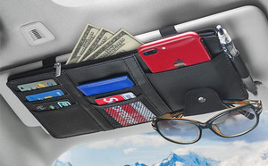 IMPRONOW Car Sun Visor Organizer Pu Leather Sunglass Pouch Holder With Multi-Pocket Black Car Multi Pocket