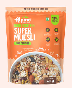 अल्पिनो सुपर मूसली नट डिलाइट 400 G | व्होल ओट्स और व्होल ग्रेन | फाइनेस्ट नट्स और रेजिंस | रियल फ्रीज़ ड्राइड फ्रूट्स | नो शुगर इंफ्यूस्ड फ्रूट्स