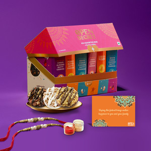 OPEN SECRET Rakshabandhan Gift Hamper for Brother Chocolate Cookies, Rakhi,Card, Roli Chawal Bites