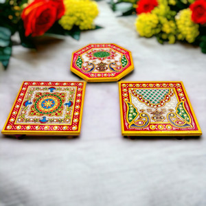 Earthjoy Floral Painted Designer Marble Chowki Marble Pooja Chowki