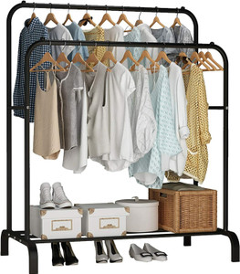 BUCKETLIST Steel Floor Cloth Dryer Stand Metal Garment Rack Top Rod and Lower Storage Shelf with Hooks