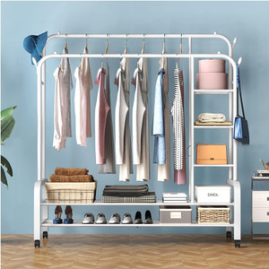 BUCKETLIST Steel Floor Cloth Dryer Stand Portable Garment Rack,Metal Clothes with 2 Hanging Rails, 4 Hooks,4 Side Shelves