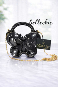 bellechic Black Clutch Butterfly Shaped Mini Clutch Bag with Handle, Metallic Finish, Girls Fashion