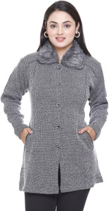 WOOL 4U Self Design Collared Neck Casual Women Grey Sweater