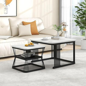 Suhailbrothers Elegant Metal Frame Square Coffee Tables Set of 2 - Stacking Center Tables. Engineered Wood Coffee Table