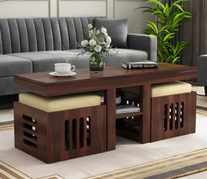 NMT FURNITURE Solid Sheesham Wood Coffee Table With Storage & 2 Stools For Living Room, Café . Solid Wood Coffee Table