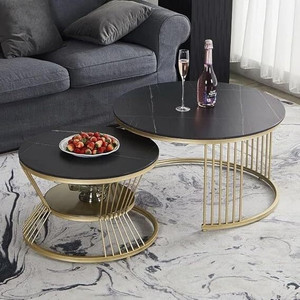 Yusha handicrafts Gold Iron Frame Modern Laminated Marbled Round Coffee Table Set of 2 Engineered Wood Coffee Table