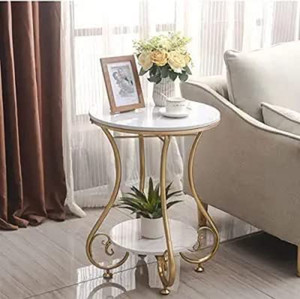 Wellwoodmart Luxury Gold Metal Coffee Table with Marble Top & Storage Shelf Metal Coffee Table