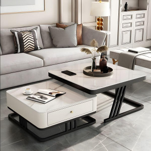 Aaliya mart Modern Dual-Layer Coffee Table with Drawer | Stylish Marble Finish Center Table Engineered Wood Coffee Table