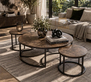 Vuhome Round Black Coffee table with antique design set of 3 table for living room Engineered Wood Coffee Table