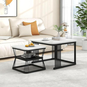 CROWN ART SHOPPEE Luxury Boutique Style Center Table for Living Room Set of 2 Engineered Wood Coffee Table