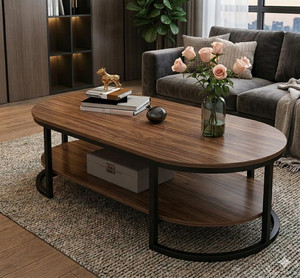 gifto shoppee Modern Oval Coffee Table with Storage,Wooden Center Table with Metal Frame, Engineered Wood Coffee Table