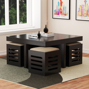 DecorNation Sheesham wood coffee table with 4 stool Solid Wood Coffee Table