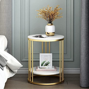 SH WOOD HANDICRAFTS Modern Round Metal Side Table with Marble Finish Top & Gold Frame Engineered Wood Coffee Table