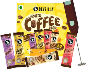 Bevzilla 60 Coffee Powder Sachet with Frother|4 Flavours |Café Coffee Kit| Instant Coffee