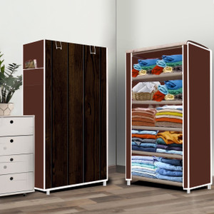 EZ DEAL STORE 5 Layer Wood Print PP Collapsible Wardrobe