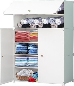 POOWEREST 3 Door 6 Shelf Plastic Metal Collapsible Wardrobe, Clothes, Shoes,etc. Organiser PVC Collapsible Wardrobe