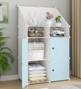 SNKR ESSENTIALS 4-Door 7-Shelf Plastic Collapsible For Kids Clothes/Toy/Book, Space-Saving PP Collapsible Wardrobe
