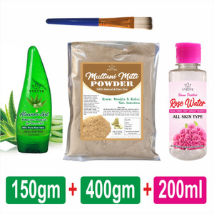 YVETTE Multani Mitti Powder 100% Natural for Skin Care (400g), Rose Water (200ml), Brush & Aloe Vera Gel