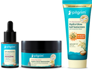Pilgrim 10% Niacinamide Serum 30ml + 5% Niacinamide Sunscreen SPF 50+ 50ml + Korean Rice Water Moisturizer 100g | Glass Skin Combo