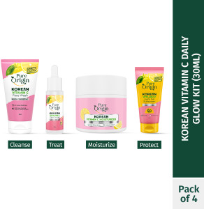 Pure Origin Korean Skincare Combo : Face Wash, 30ml Serum, Moisturizer & Light Gel Sunscreen with SPF 50 PA++++
