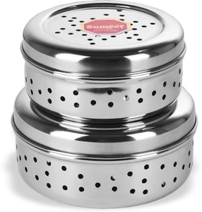 Sumeet Stainless Steel Hole Puri Dabbas / Flat Canisters with Air Ventilation Size No.7 - 11 cm Dia & No. 8 - 12.5 cm Dia  - 1 ml स्टील यूटीलिटी कंटेनर