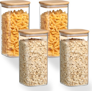 Allo Kitchen Food Storage Jars With Wooden Lid for Tea, Coffee, Masala | Square Jar  - 600 ml