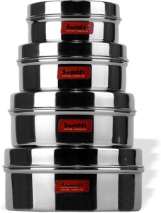 Sumeet Stainless Steel Flat Canisters / Puri Dabba / Storage Containers Set of 4Pcs (No. 6 To No. 9) (200ml, 350ml, 500ml, 800ml )  - 800 ml