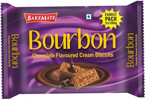 BAKEMATE Bourbon Chocolate Flavored Cream Filled Biscuits Family Pack (5 X 100G) Cream Sandwich Biscuit