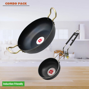 LAZYwindow Traditional Iron Deep Bottom Kadhai And Tadka Pan with Steel Handle Combo Pack Induction Bottom Cookware Set
