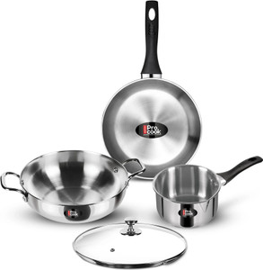 MILTON Pro Cook Stainless Steel Sandwich Bottom 4 pcs Kitchen Set Two Pan, Kadai, Lid इंडक्शन बॉटम कुकवेयर सेट