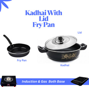 Kashvi Deep-Fry Kadahi with Stainless Steel Lid+ Deep Frying Pan Combo Gas Compatible Induction Bottom Non-Stick Coated Cookware Set
