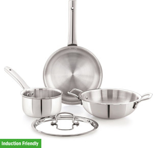 iVBOX Platina-Pro 4pcs Triply Steel Fry pan, Milk Pan and Kadhai With Lid Induction Bottom Cookware Set
