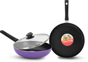 NAVRANG NONSTICK 2PCS COMBO SET TAWA 26CM, FRY PAN 22 CM WITH GLASS LID, PURPLE, NON IB कुकवेयर सेट