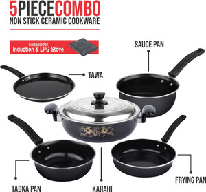 Kashvi Kashvi Pack of 5 pc (Kadhai (With Lid), Fry Pan, Sauce Pan, Tadka Pan & Tawa) Induction Bottom Non-Stick Coated Cookware Set