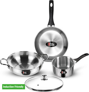 MILTON Pro Cook Stainless Steel Sandwich Bottom 4 pcs Kitchen Set Two Pan, Kadai, Lid Induction Bottom Cookware Set