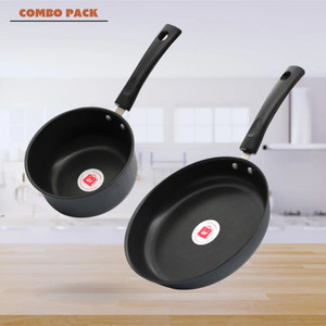LAZYwindow Nonstick Sauce Pan & Fry Pan Combo (Black And Base Grey) Induction Bottom Non-Stick Coated Cookware Set