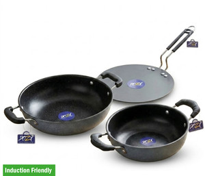 Dozy Iron-Rich Nonstick 3-Piece Cookware Combo: Kadhai & Tawa Set Induction Bottom Non-Stick Coated Cookware Set