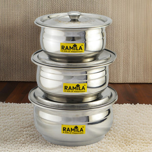 RAMILA Stainless steel cookware set Handi With Lid, Steel Set( LASER DESIGN LID ) Induction Bottom Cookware Set