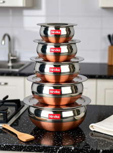 Nirvika 5Pcs Kitchenware New Fancy Venachetty Stainless Steel Handi Sets copper Handi Copper Bottom handi with lid Pots Pans 5 Piece Steel Handi Set Cookware Sets (5handi+5lid 10pcs set) Stainless steel Cook and serve 10 piece Gift set Combo Set Biryani Pots (Stainless Steel, Copper, 5 Piece Handi,5 Pcs Lid, Non Stick, Without Induction Bottom)(Size: Handi 1.600 L, 1.250 L, 0.850 L, 0.650 L, 0.400 L)(Venna Chetty) Handi 1.6 L, 1.25 L, 0.85 L, 0.65 L, 0.4 L with Lid Non-Stick Coated Cookware Set