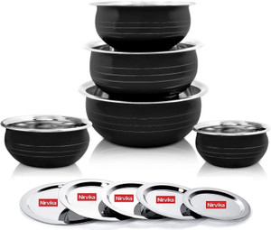 Nirvika Stainless Steel powder coating handi with lid/Serving Bowl 5 Piece Black Pot Pan Cookware Set