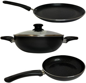 Usha Shriram (3Pcs) Non Stick Cookware (Tawa, Fry Pan, Kadhai, Lid)  Minimum Oli Usage Gas Induction Bottom Non-Stick Coated Cookware Set  Price in