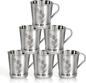Q4S Pack of 6 Stainless Steel Chai Coffee Cup for drinks Flower Pattern with round handle