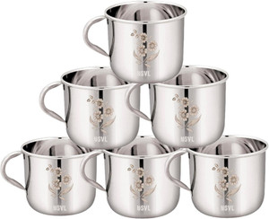 NSVL Pack of 6 Stainless Steel Single Wall Tea Cup Set | Laser Design | Silver Mirror Finish | Break Resistant